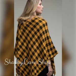 Buffalo plaid poncho with fringe- mustard